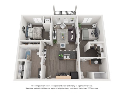 Floor plan for 2 beds, 2 baths, 844 sqft